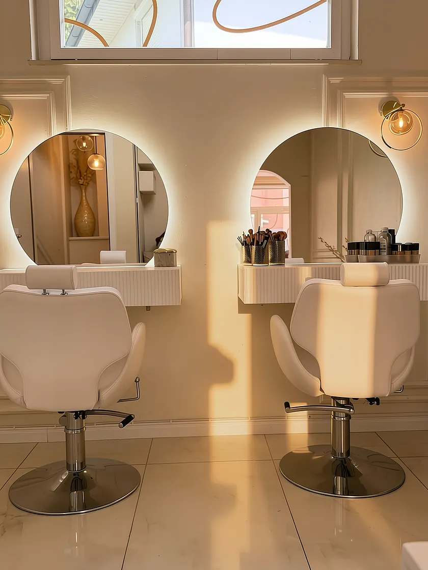 Zwei Styling-Plätze mit beleuchteten Rundspiegeln