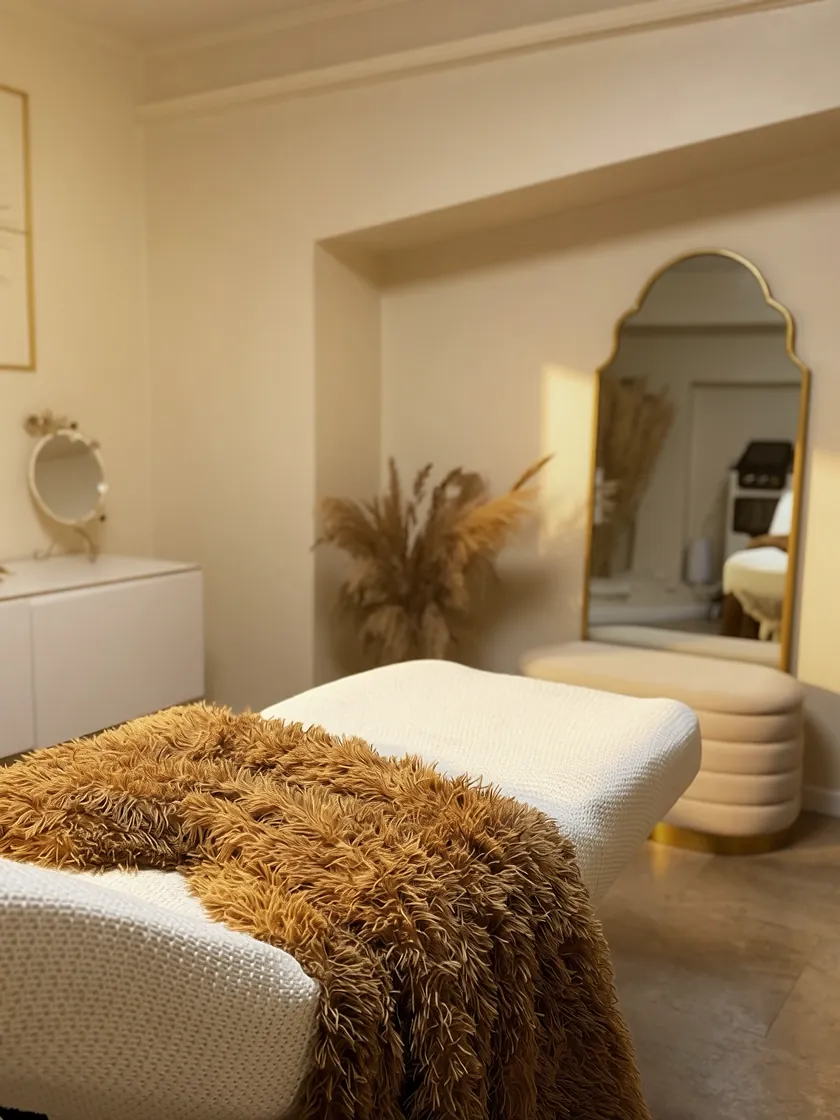 Behandlungsliege mit Felldecke und goldenem Bogenspiegel